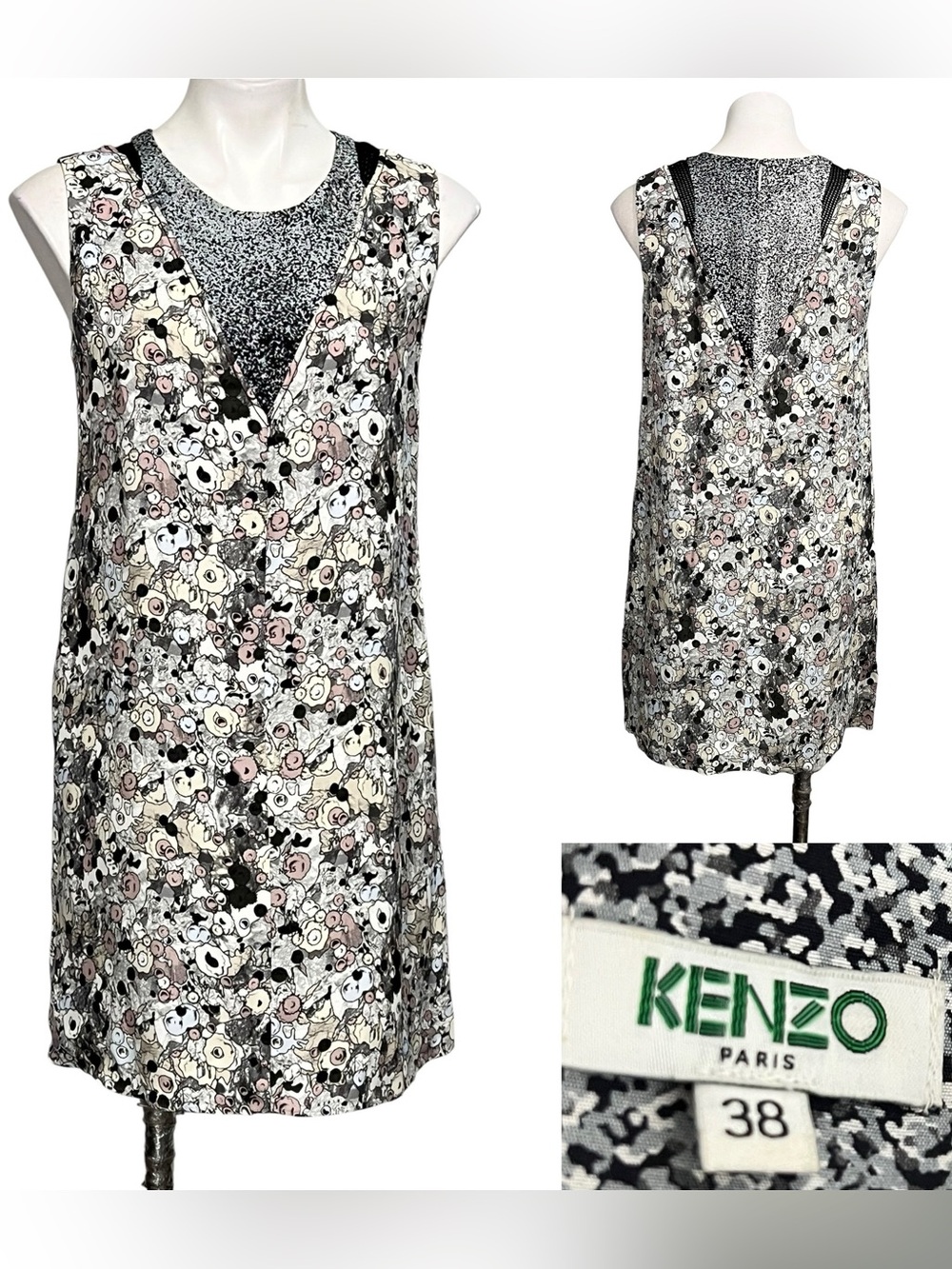 Kenzo Shift Dress Sz 38/6-8‎ Floral Layered V-Neck gray multicolor sleeveless